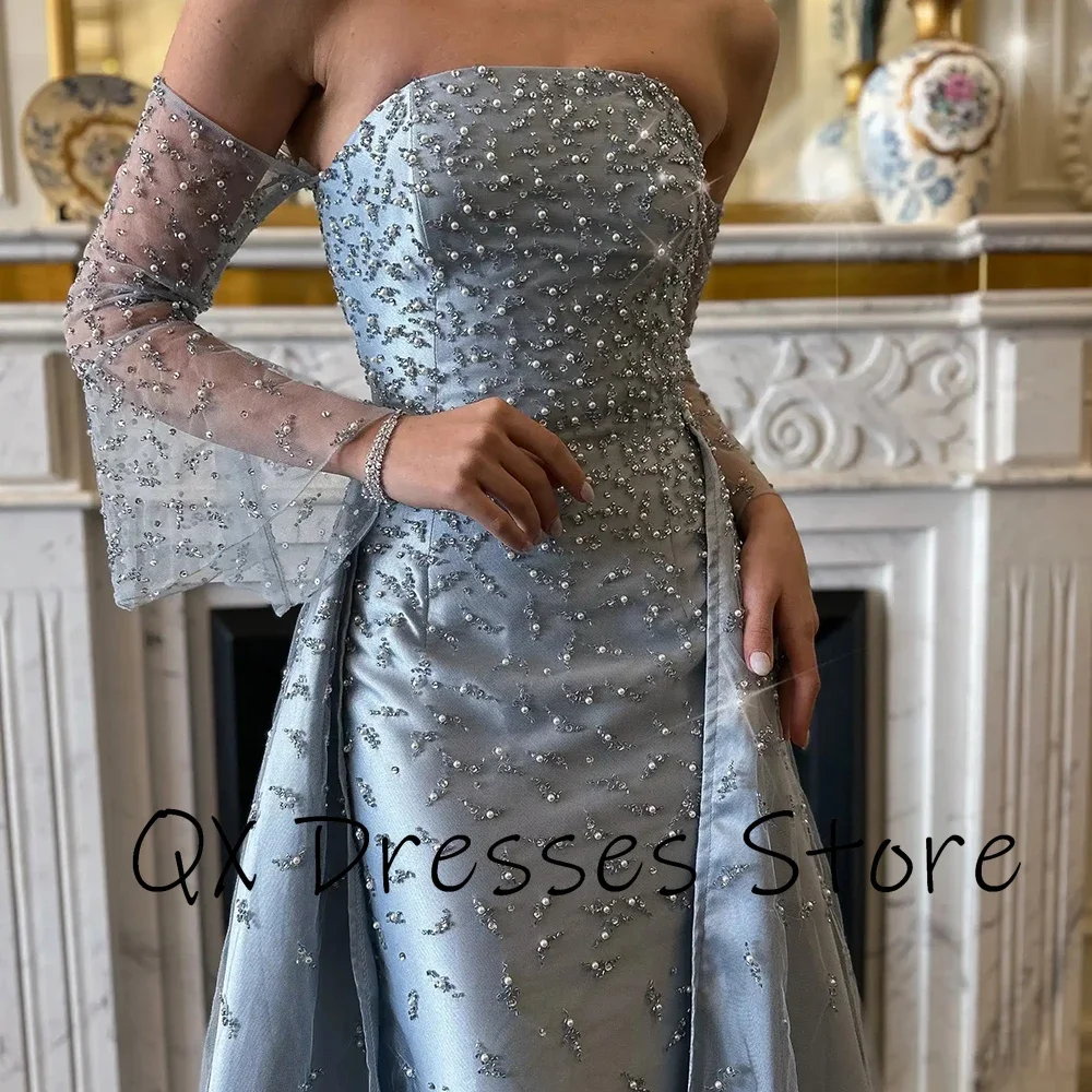 Customized Yipeisha Luxury Sky Blue Satin Strapless Evening Dresses With Watteau Train Beading Squnined Sheath Floor Length Gala