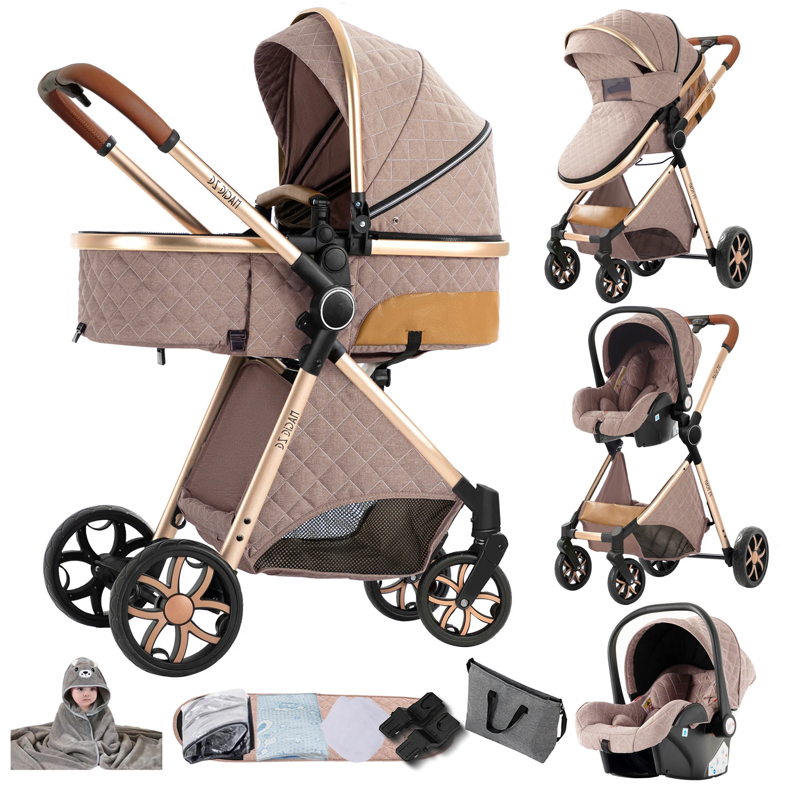 Magic ZC 3-in-1 Baby Reiswiegensysteem, Compacte Opvouwbare Kinderwagen met Reiswieg, Babyautostoeltje en Omkeerbare Zitting, Hoge Landschapswagen, Schokdemperwielen, Verstelbaar Handvat, Eénhands