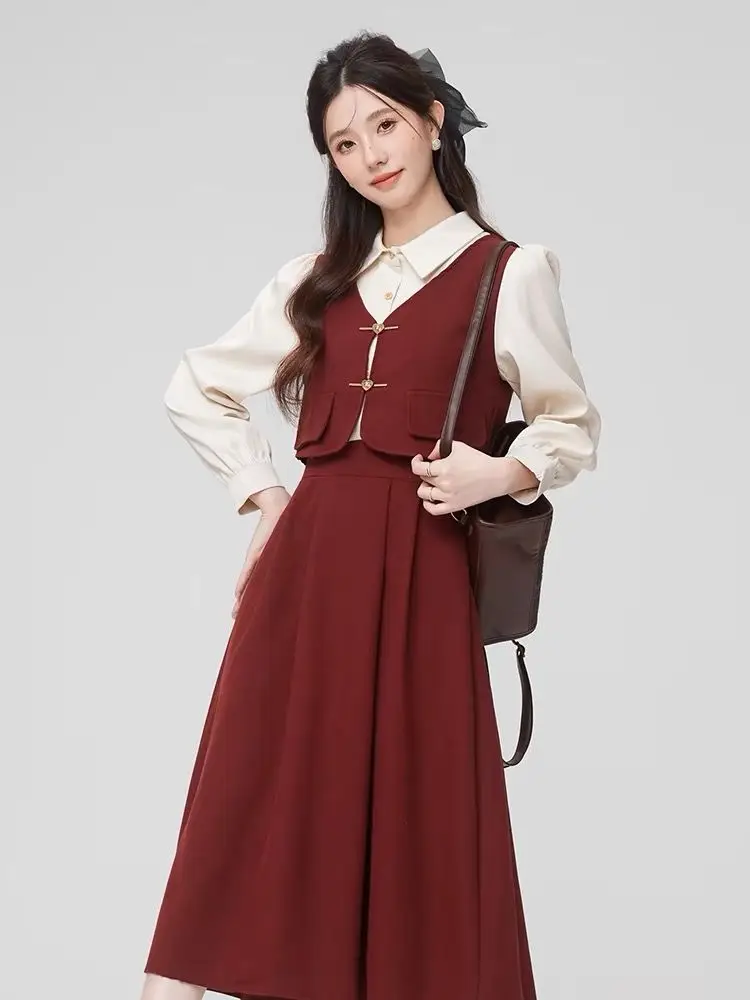 

Красное платье миди с контрастными вставками, женское, весна 2026, новинка, стройнящее, омолаживающее, с завышенной талией, А-силуэт, с рукавами-фонариками