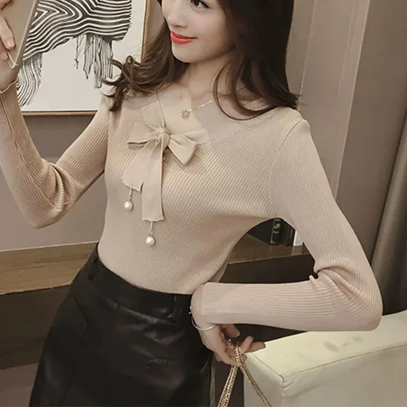 Fashion Solid Color Beading Lace Up Bow Blouses Women\'s Clothing 2023 Autumn Winter Knitted Elegant Tops Office Lady Shirts