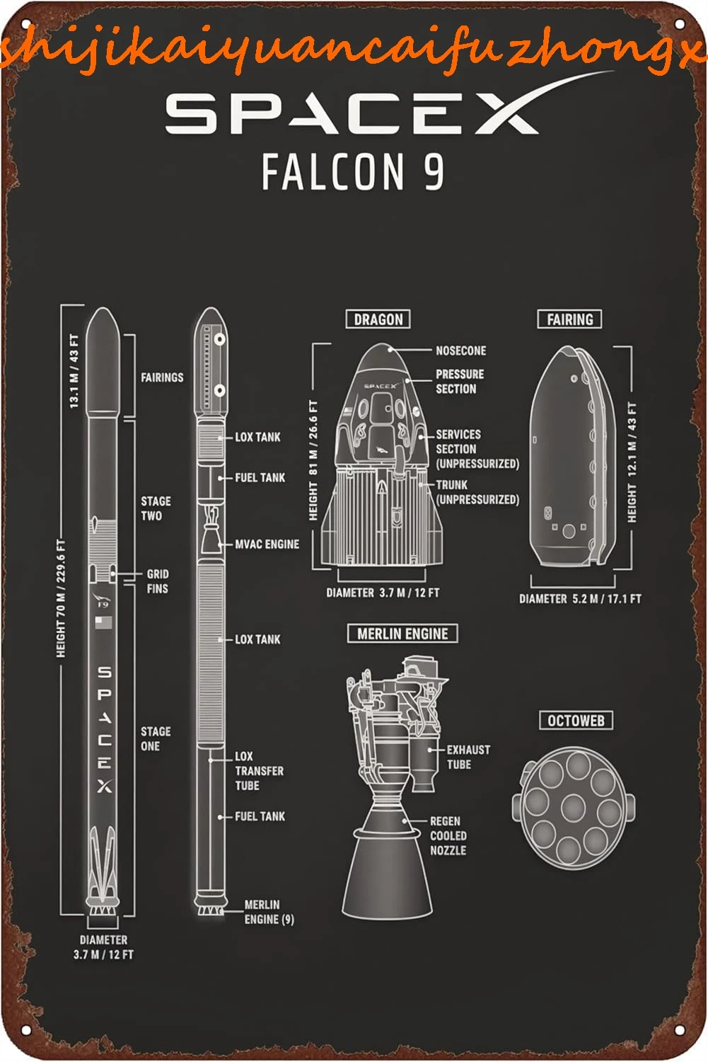 Falcon 9 Blueprint Decor Metal Tin Sign - Rocket Schematic, Starship Wall Art for Bedroom, Living Room, Space x Poster, 8x12 Inc