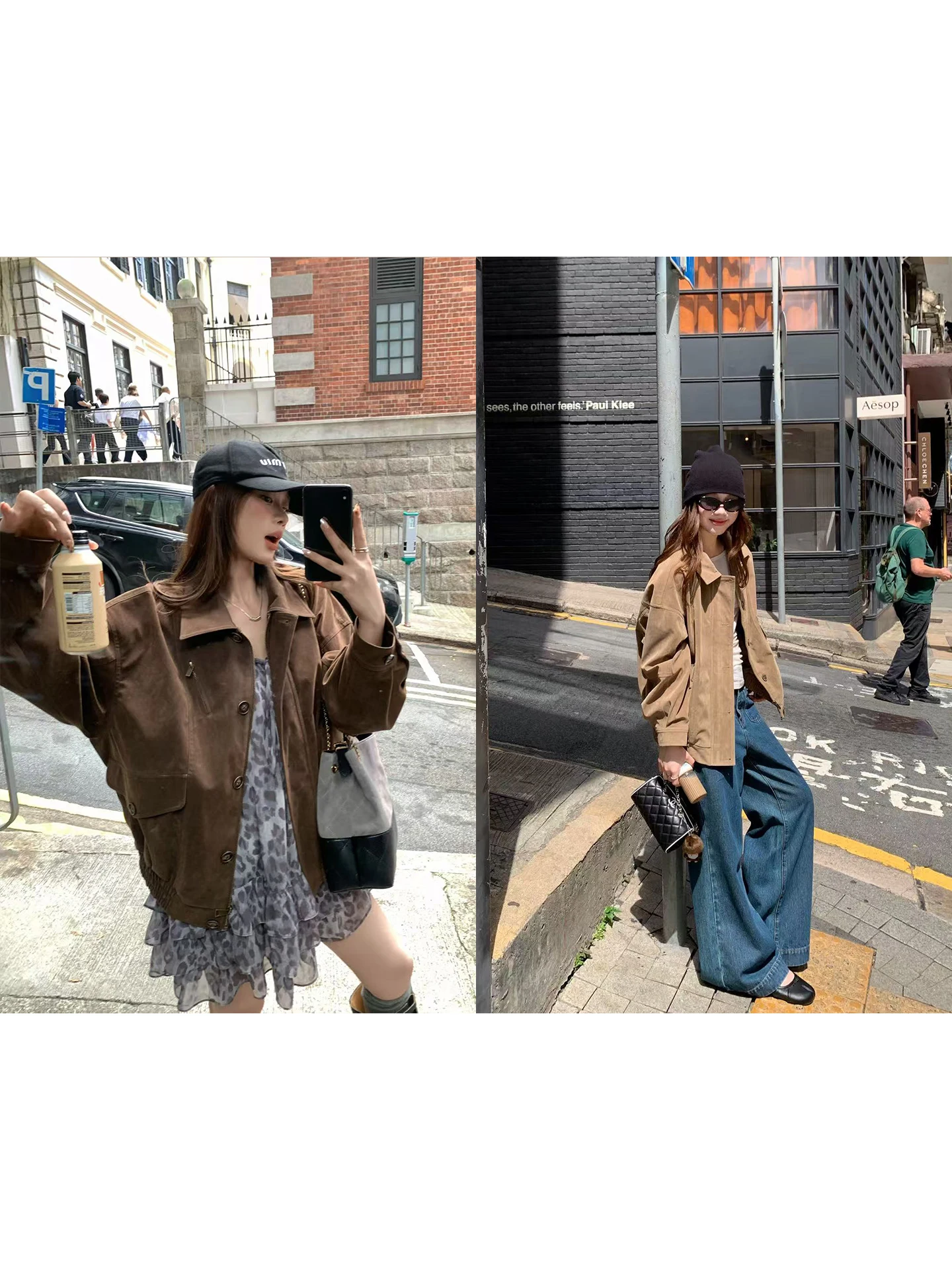 

Женская замшевая куртка в стиле ретро 90-х, коричневая, с воротником в рабочем стиле, свободного кроя, из полиэстера, с длинными рукавами, в американском стиле.