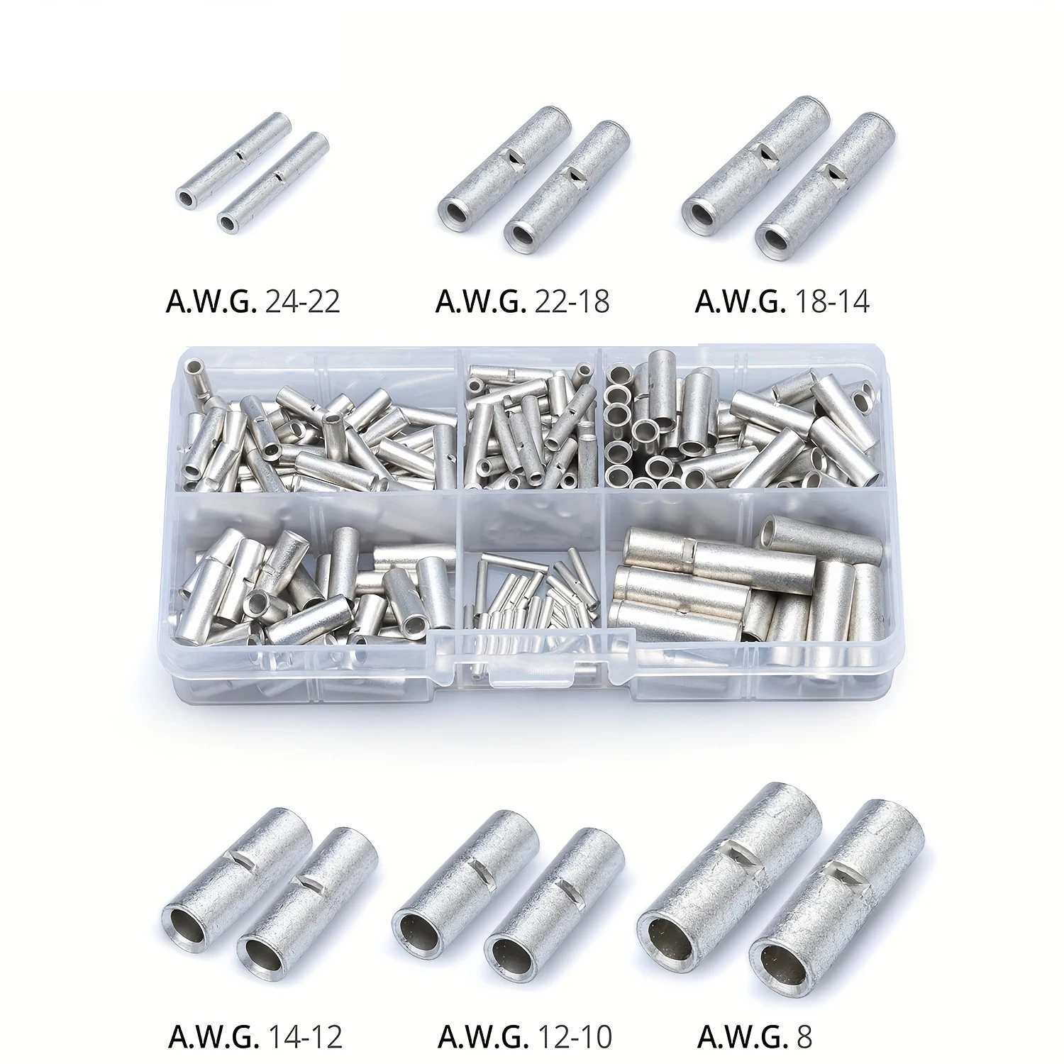 100/200 PCS Non Insulated Butt Connectors Kit  Butt Splice Connectors Uninsulated Crimp Wire Connectors