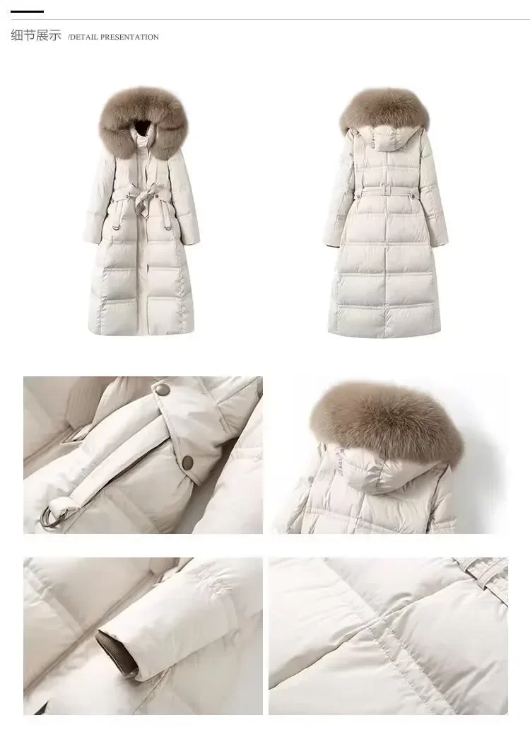 2023Fashion Winter Women Down Coat Fox Fur Collar Thickened White Duck Down Coat Warm Slim Fit High End European Women Long Coat