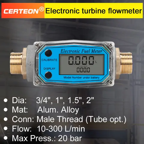 Digital Turbine Flow Meter Aluminum 3/4Inch1Inch1.5Inch2Inch Thread, Electronic Fuel Flow Meter for Water Diesel  Liquid