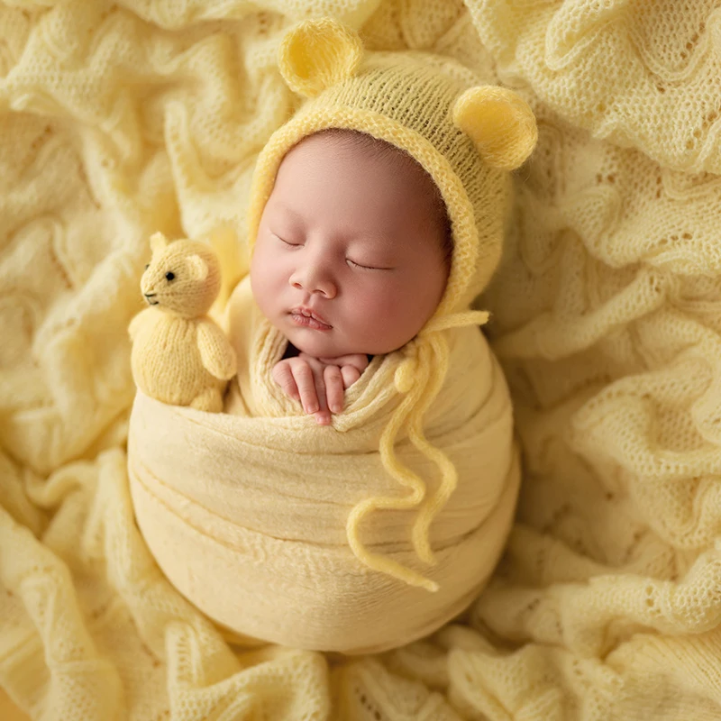 Newborn Photography Props Cute Bear Hat Lace Pillow Baby Shoot Prop Breathable Wrap Backdrop Blanket Yellow Butterfly Theme Set