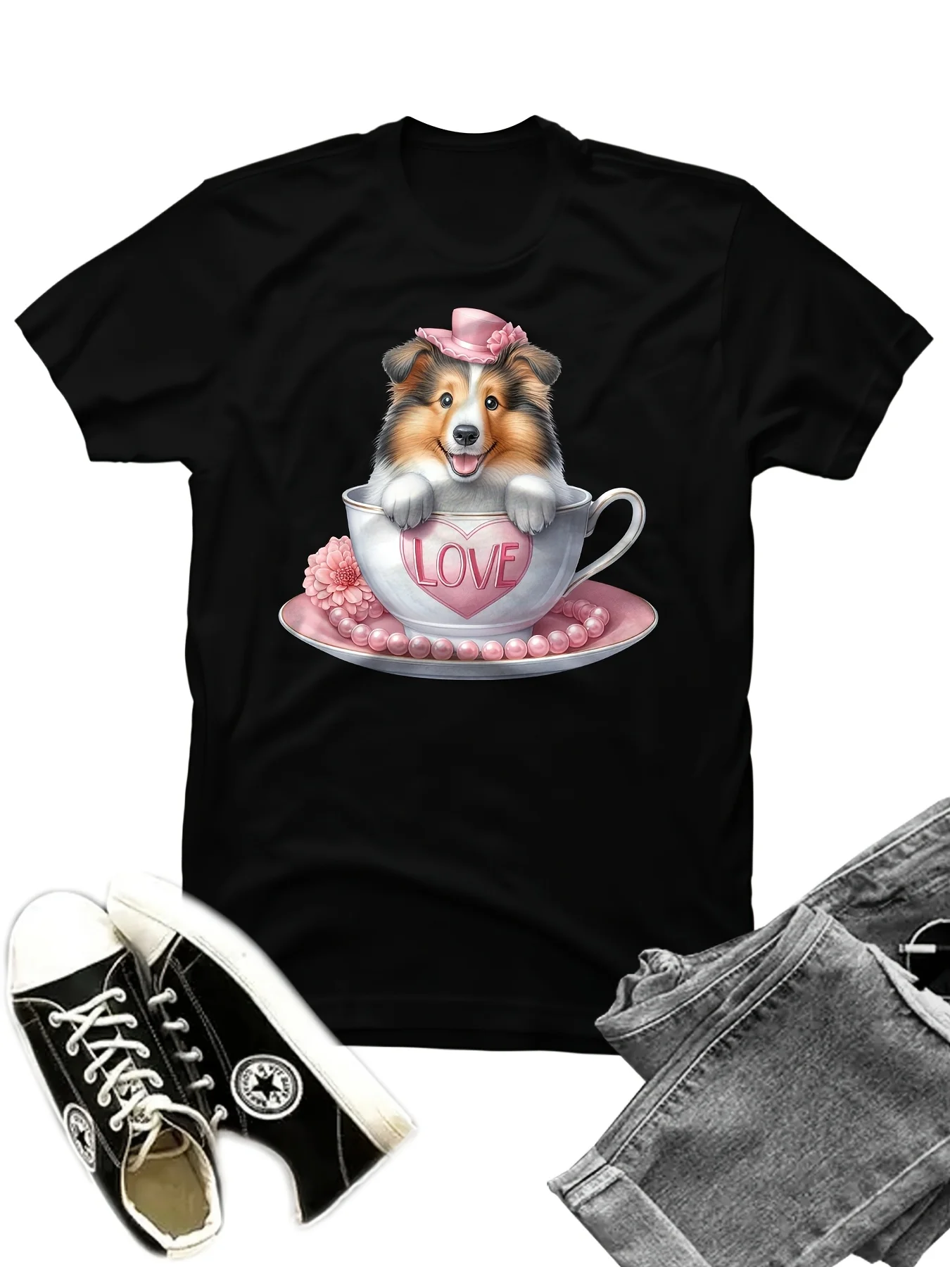 

Юмористическая собака ко Дню святого Валентина, сидящая в чашке, модная черная футболка с короткими рукавами и графическим принтом, дышащая хлопковая футболка 180 г, удобная и впитывающая пот футболка с рабочим воротником, подходит для уличной одежды, мяг