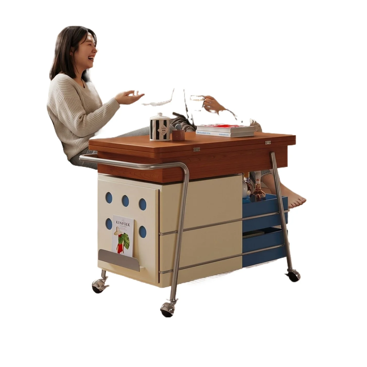 Solid wood movable coffee table foldable lifting sofa side cabinet living room Bauhaus new trolley sofa side table
