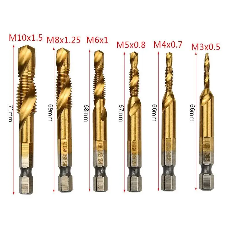 6Pcs Tap Drill Bit Sets Hex Shank Titanium Plated HSS Screw Thread Bit Screw Machine Compound Tap M3 M4 M5 M6 M8 M10 Hand Tools