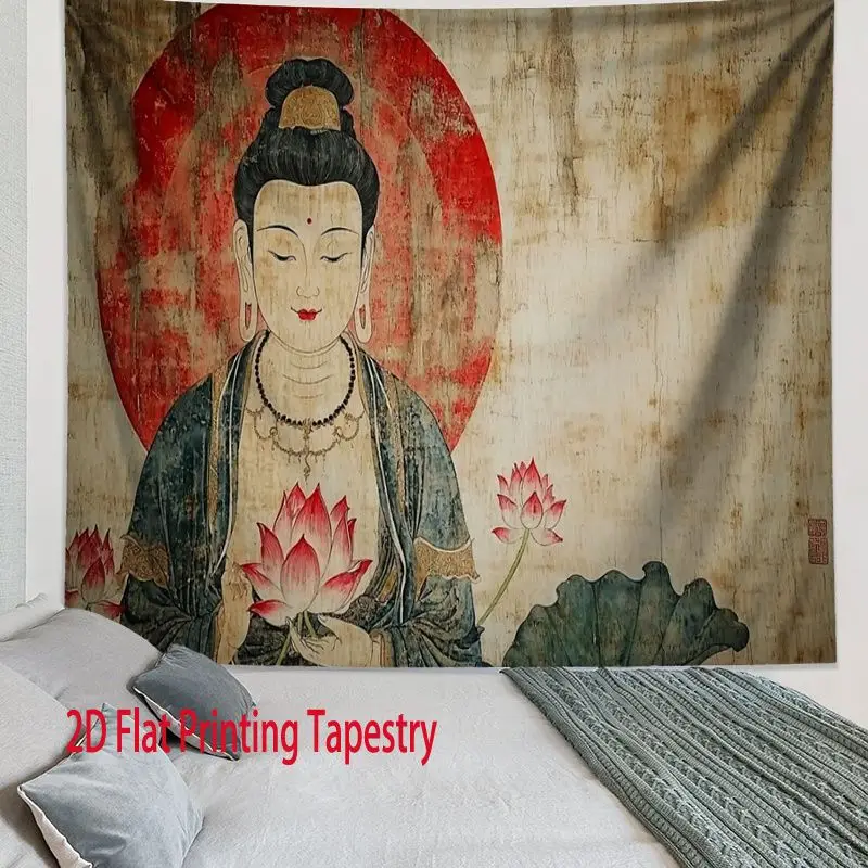 VIKAMA Vintage Buddha Statue Lotus Tapestry, Spiritual Wall Hanging, Meditation Decor for Bedroom and Home Background Fabric