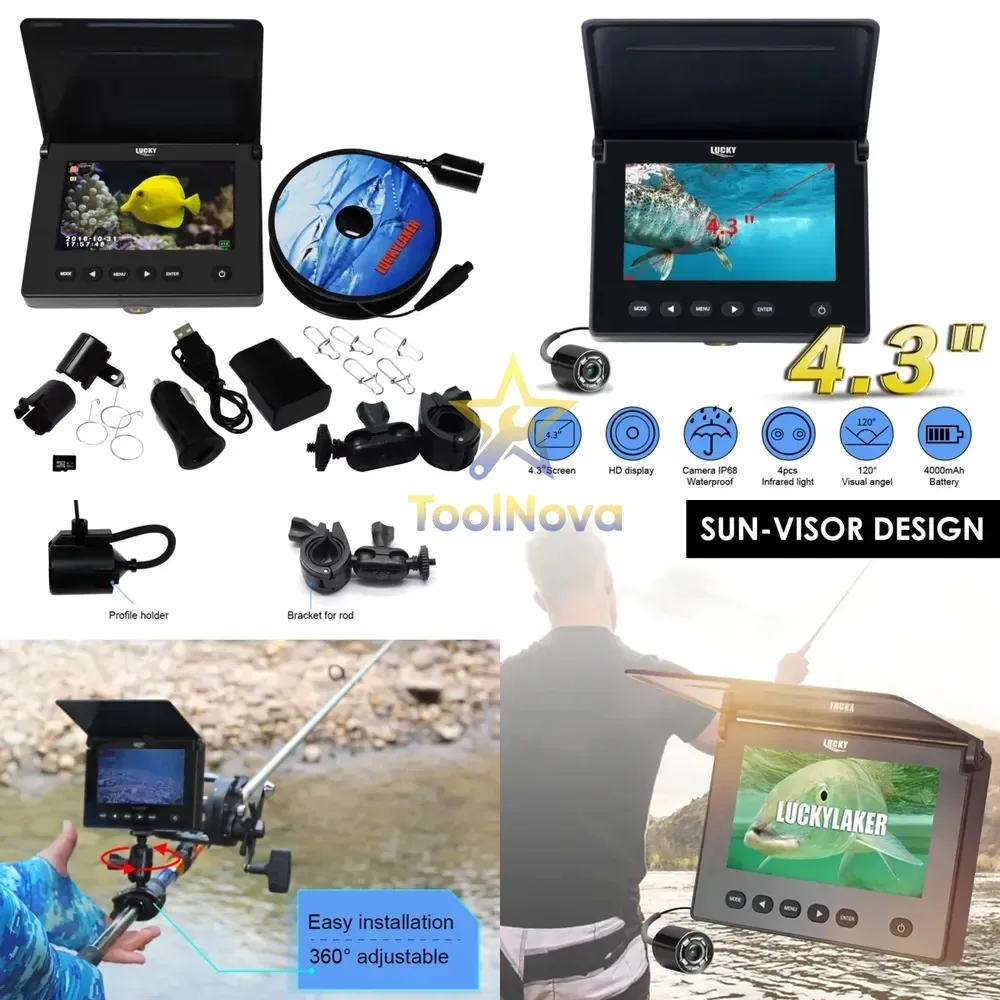 Caméra de pêche sous-marine LUCKY HD IP68 avec vision nocturne 4-IR, câble de 20 m, écran 4,3 pouces, rechargeable, design pare-soleil, enregistrement et capture
