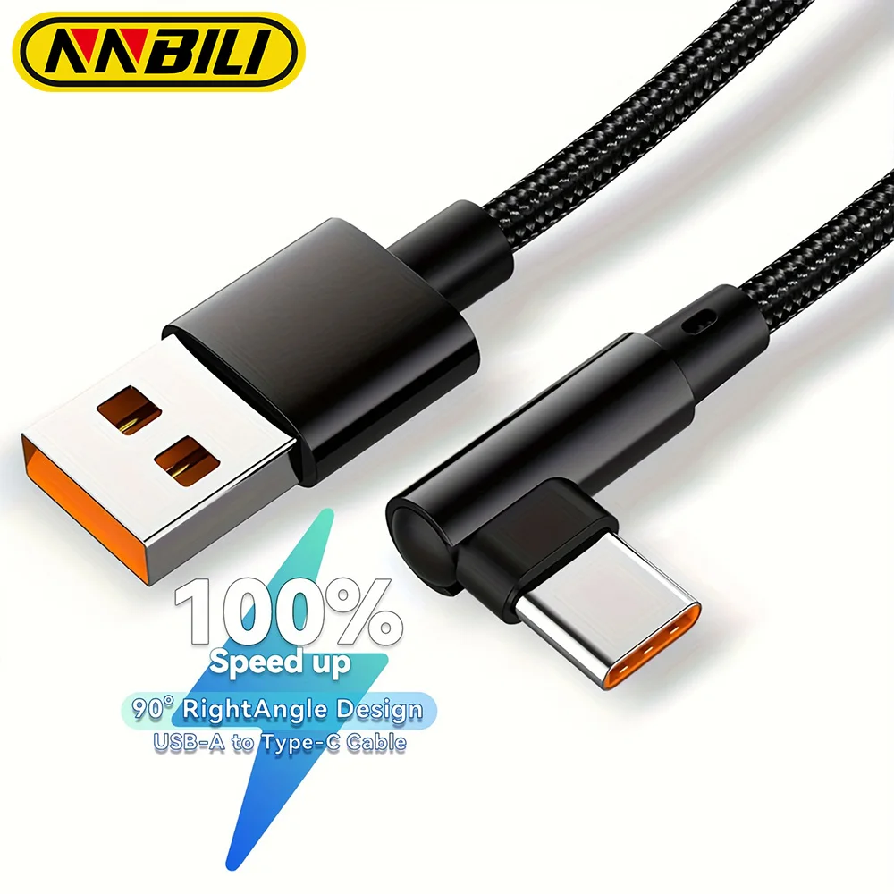 NNBILI 66W USB C Cable 90 Degree Elbow 6A Type-C Fast Charging Cord for Samsung Xiaomi Huawei OnePlus Android Devices 1m/2m/3m