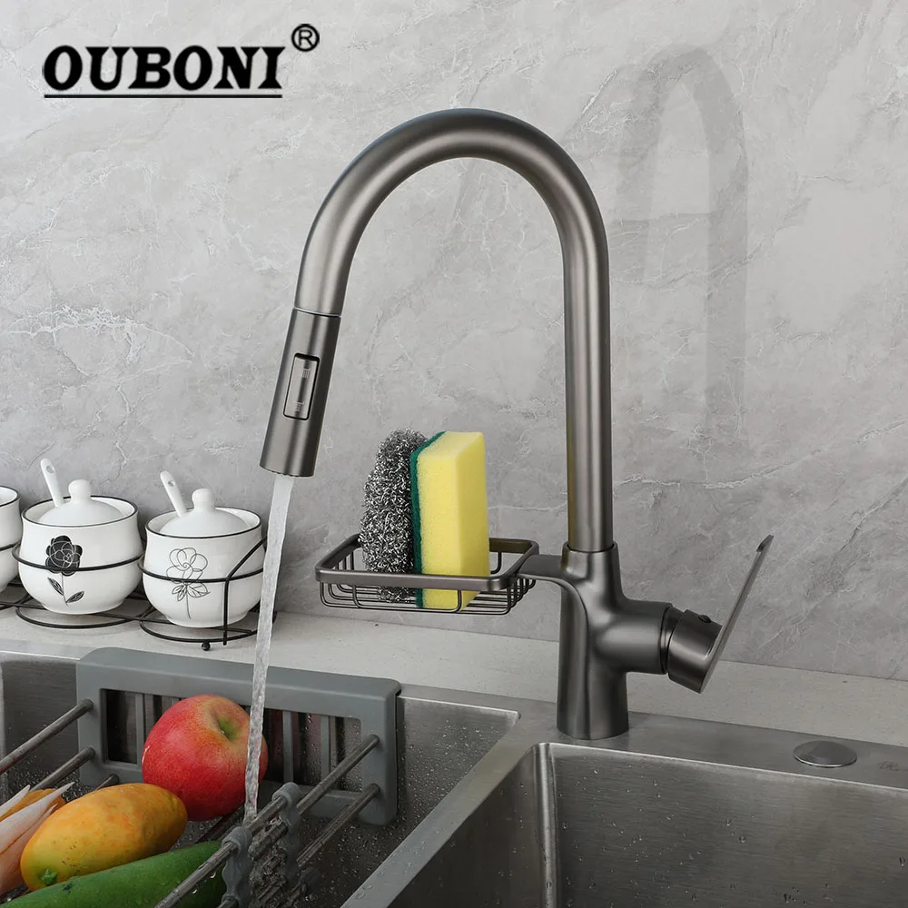 

OUBONI Grey Pull Down Kitchen Faucet Single-Handle High Arc Swan-Neck Modern Kitchen Sink Faucets Mixer with Storage Rack