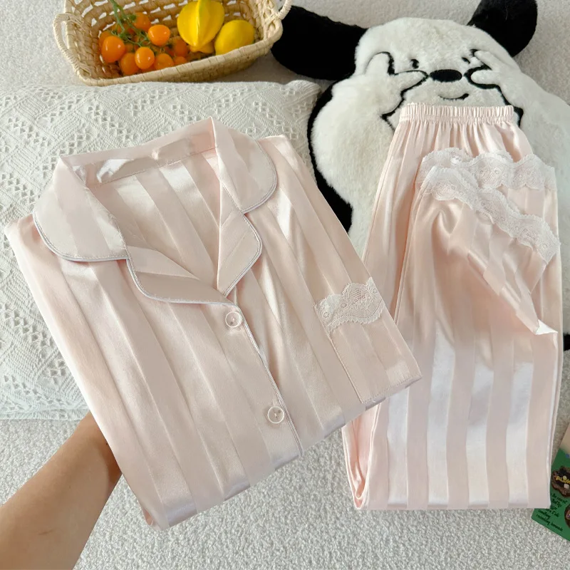 Solid Color Ins Style Ice Silk Striped Temperament Lace Edge Pajamas Female Summer Short-Sleeved Set of Home Wear Real Photos