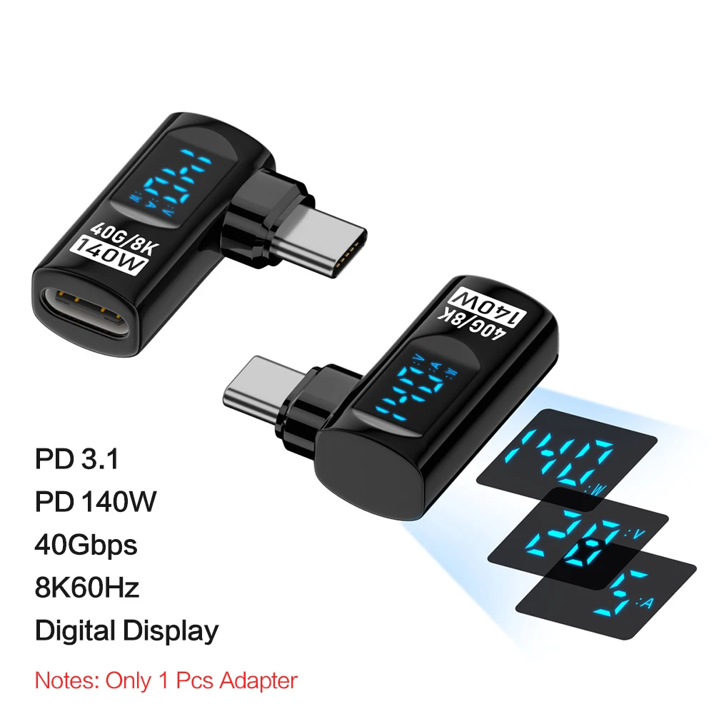 40 Gbit/s 8K@60Hz 90-Grad-USB-C-Adapter Digitalanzeige Typ-C-Adapter PD 140 W USB-C-Stecker auf Buchse für iPhone 16 iPad