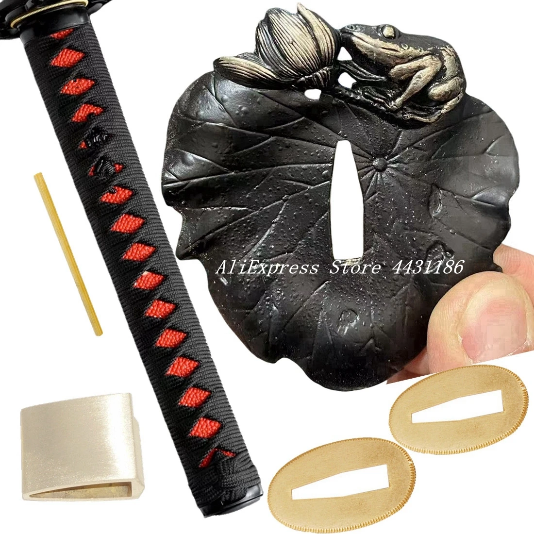 26cm tsuka katana lidar com folha de lótus-sapo tsuba liga guarda menuk fuchi kashira habaki seppa japonês samurai espada conjunto acessórios