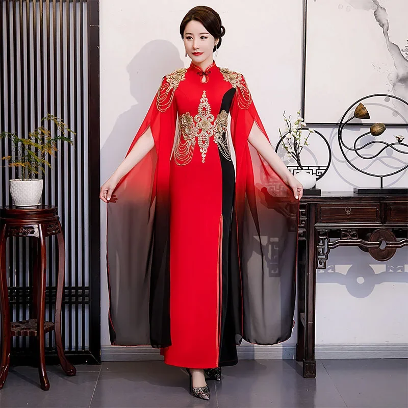 

Шаль с плавающими рукавами Qipao, атласное женское сексуальное платье Cheongsams, винтажное платье больших размеров с китайским цветочным принтом, вечернее платье Grace Vestidos