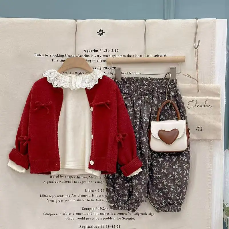 

Girls' Set Autumn 2025 New Fashion Bow Sweater Cardigan Casual Autumn Fashion Children's Three-piece Set 90-140cm