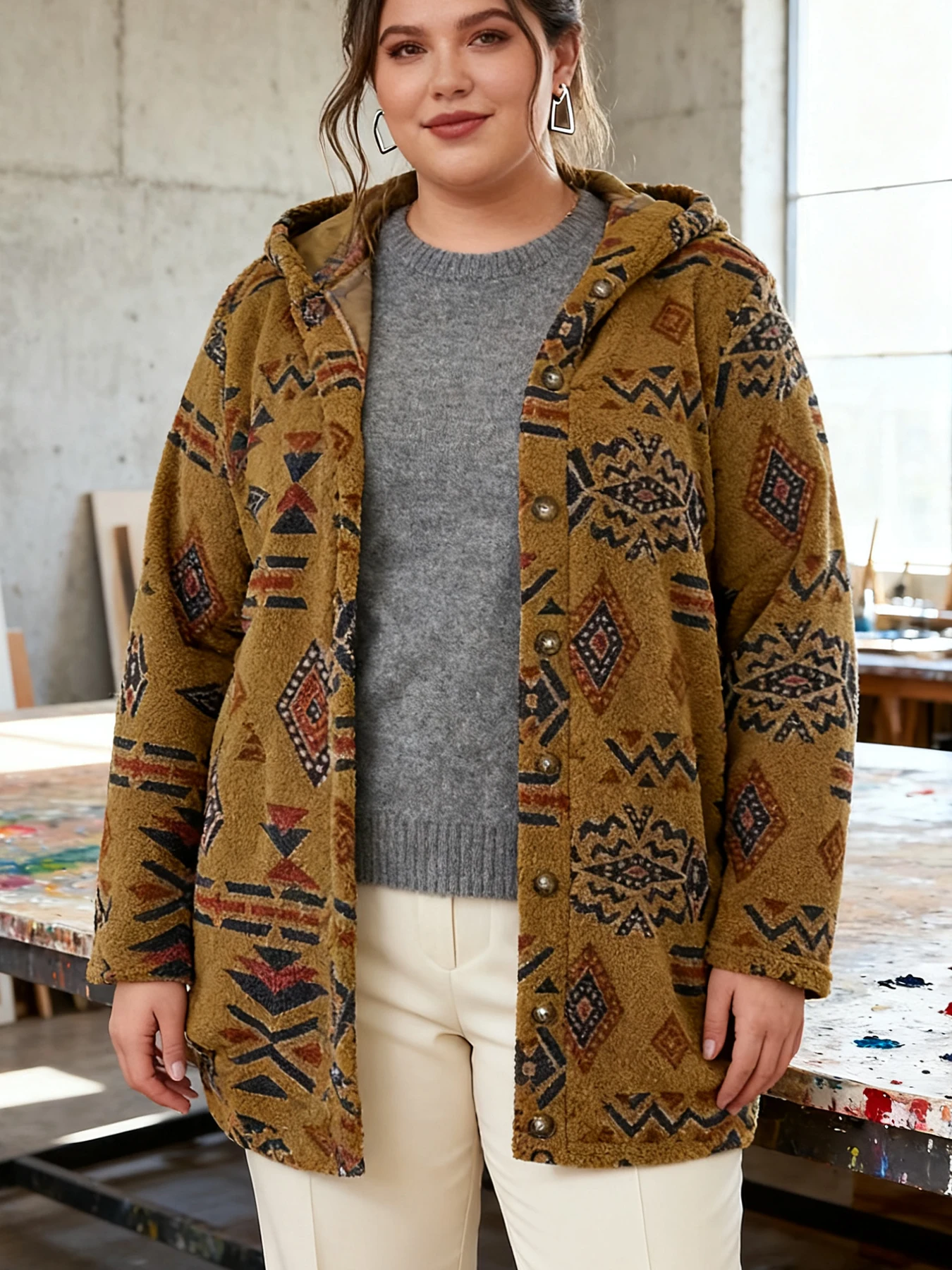 Abrigo Holgado de Forro Polar con Capucha y Botones para Mujer Tallas Grandes, Estampado Geométrico Tribal Azteca Vintage, Manga Larga, Largo Medio, para Curvas