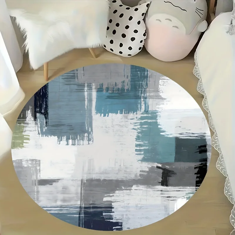 Minimalist Blue Gray Abstract Art Circular Area Rug  Modern Watercolor Brush Print Round Mat Nordic Living Room Decor Rug