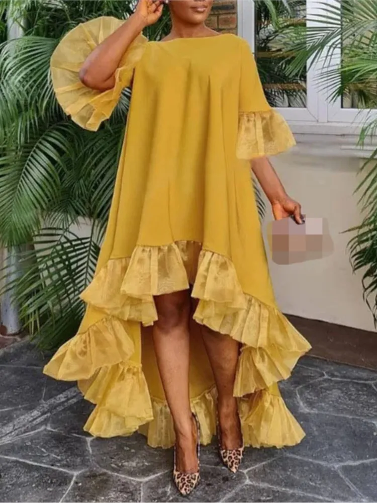 Vestido de meia manga de retalhos de renda para mulheres primavera verão novo estilo cor sólida solto bainha irregular vestido de festa de férias