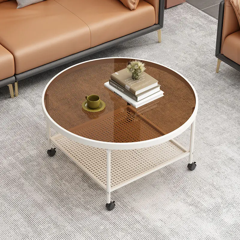 

Tempered glass coffee table new cream wind mobile tea table small apartment living room home light luxury wind with pulley tea t