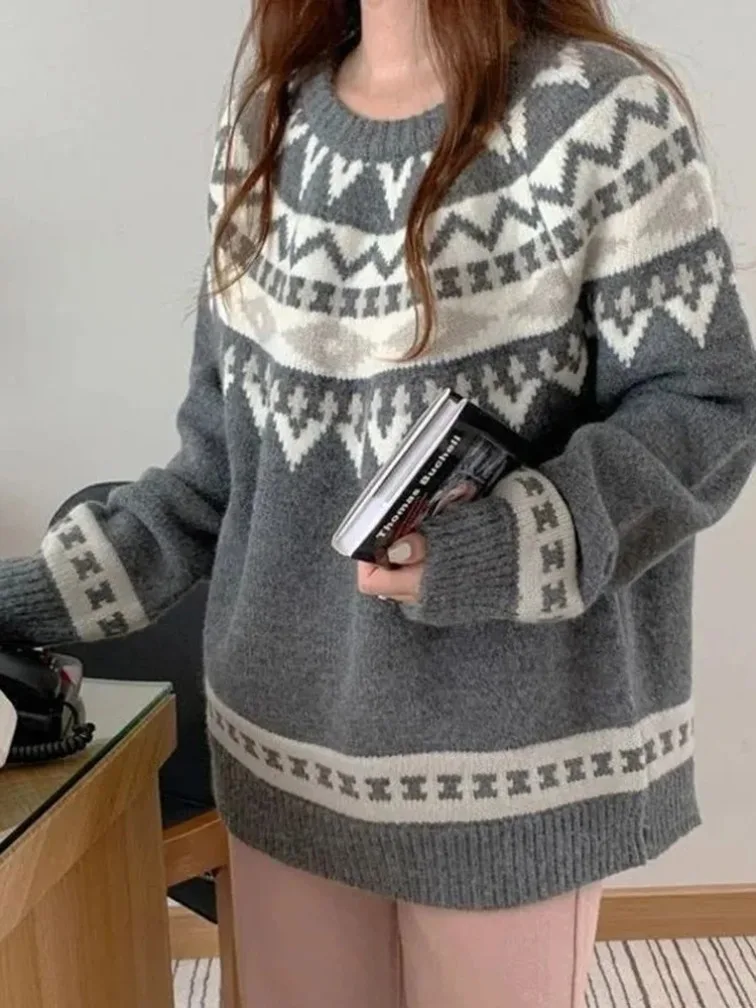 Nuevo estilo Preppy Argyle suéteres mujeres Vintage de gran tamaño suelto de punto jerseys coreano de manga larga Patchwork señora dulce Tops