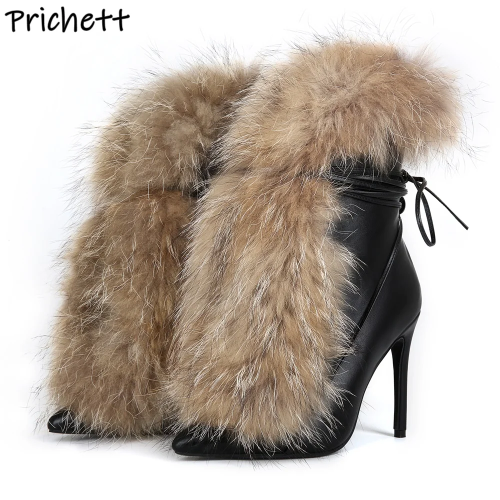 Furry Black Leather Ankle Boots Thin Heels Lace Up Pointy Toe Thin Heels Ankle Band Black Brown Sexy Shoes Women's Winter Shoes