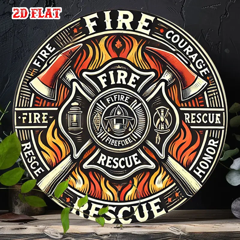 2D flach, 1 Stück Feuerwehrmann-Rettungs-Metallblechschild – 7,8 x 7,8 Zoll runde Aluminium-Wanddekoration mit Feuerwehrauto- und Leiter-Design, Mut