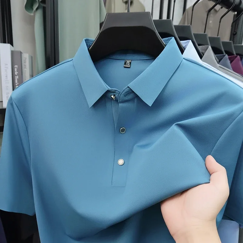 2026 Neues Herren-Poloshirt aus knitterfreiem Eisseidenstoff, Kurzarm, für Büro und Freizeit
