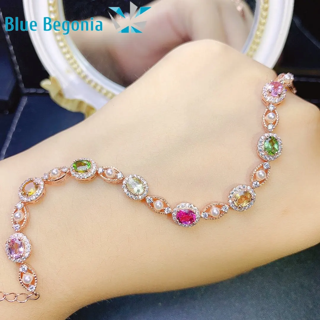 Natural Brazilian Tourmaline Bracelet  Fine Jewelry for Women Anniversary Gift 925 Sterling Silver 8pcs 4*5MM Gemstone