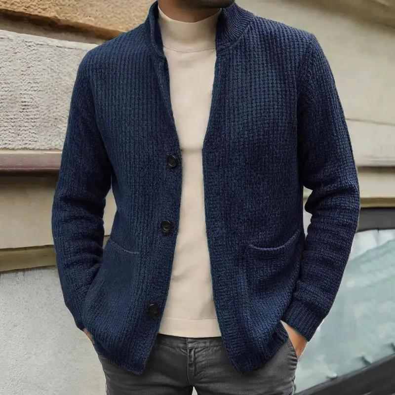 

Women's Knitted Cardigan Jacket Stand up Collar mid Length Casual Inner Wear Handmade Large Size Sweater with Ribbed Hem