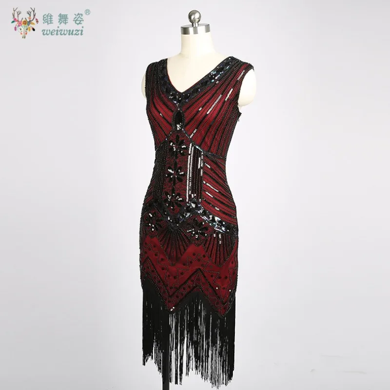 1920년대 여성 빈티지 드레스 V넥 민소매 비즈 스타일 고급스러운 연회 칵테일 파티 시퀸 태슬 이브닝 드레스