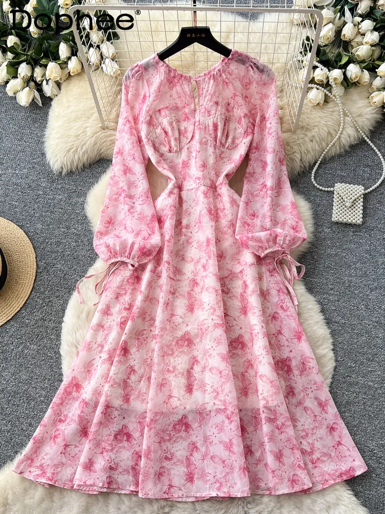 

French-style Gentle Floral Print Women's Dress 2026 Spring Floral Long-sleeve Waist-cinching Commuter Elegant A-line Long Dress