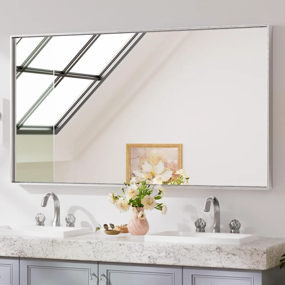 

Keonjinn Brushed Silver Mirror for Over Sink 55 X 30 in Large Bathroom Vanity Mirror Metal Framed Rectangle Mirror Square