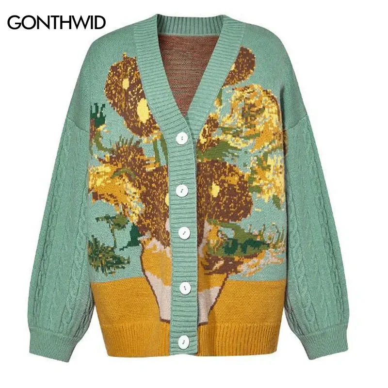 Vintage Cardigan Sweater Coat Harajuku Knitted Retro Van Gogh Sunflower Button Jumper Unisex Hip Hop Casual Loose Sweaters Green