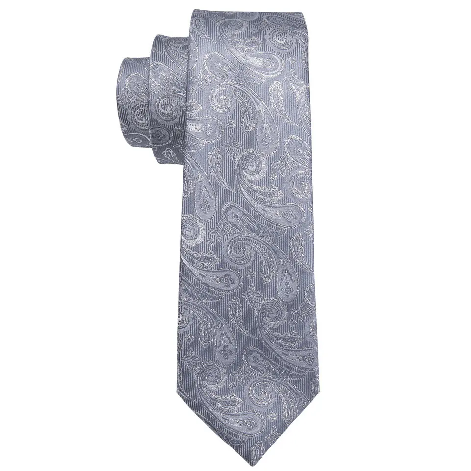 مجموعة أزرار أكمام مربعة للجيب وربطة عنق فاخرة للرجال بيزلي فضي للرجال هدية لحفلات الزفاف وحفلات الأعمال