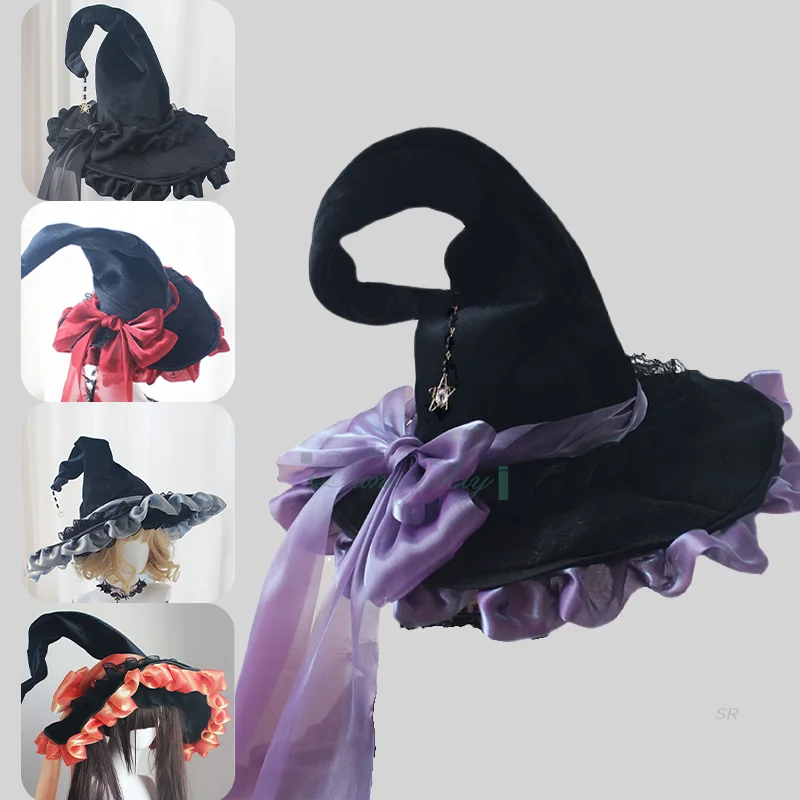

Halloween Magic Wizard Hat Hand made Magic hat Witch Cosplay Big Bow Spire Cap For Girl Women Clothing Accessories