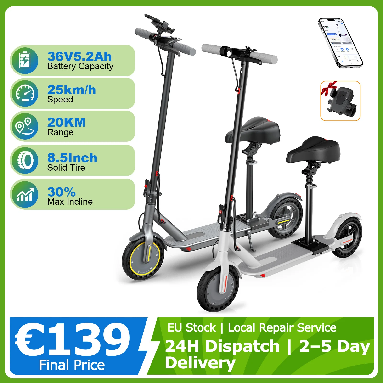 Monopattino elettrico ATSANT JS01 per adulti, batteria da 36 V e 5,2 Ah, autonomia di 25 km, ampio vano portaoggetti, doppi freni, controllo tramite app, pneumatici da 8,5 pollici, 25. ° Monopattino