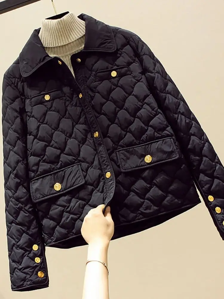 Casual Turn-down Collar Quilted Jackets for Women 2024 Lightweight Single-breasted Cotton Coats Autumn Winter Female Outerwear