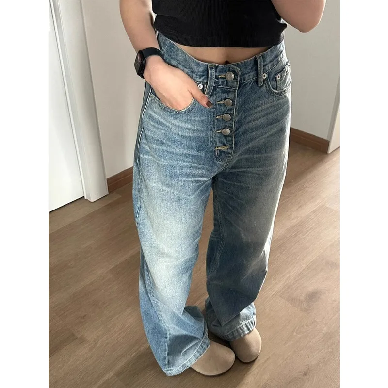 QWEEK Jeans blu dritti Vintage donna pantaloni larghi a vita alta in Denim di base moda coreana Y2k Streetwear pantaloni a gamba larga 2024