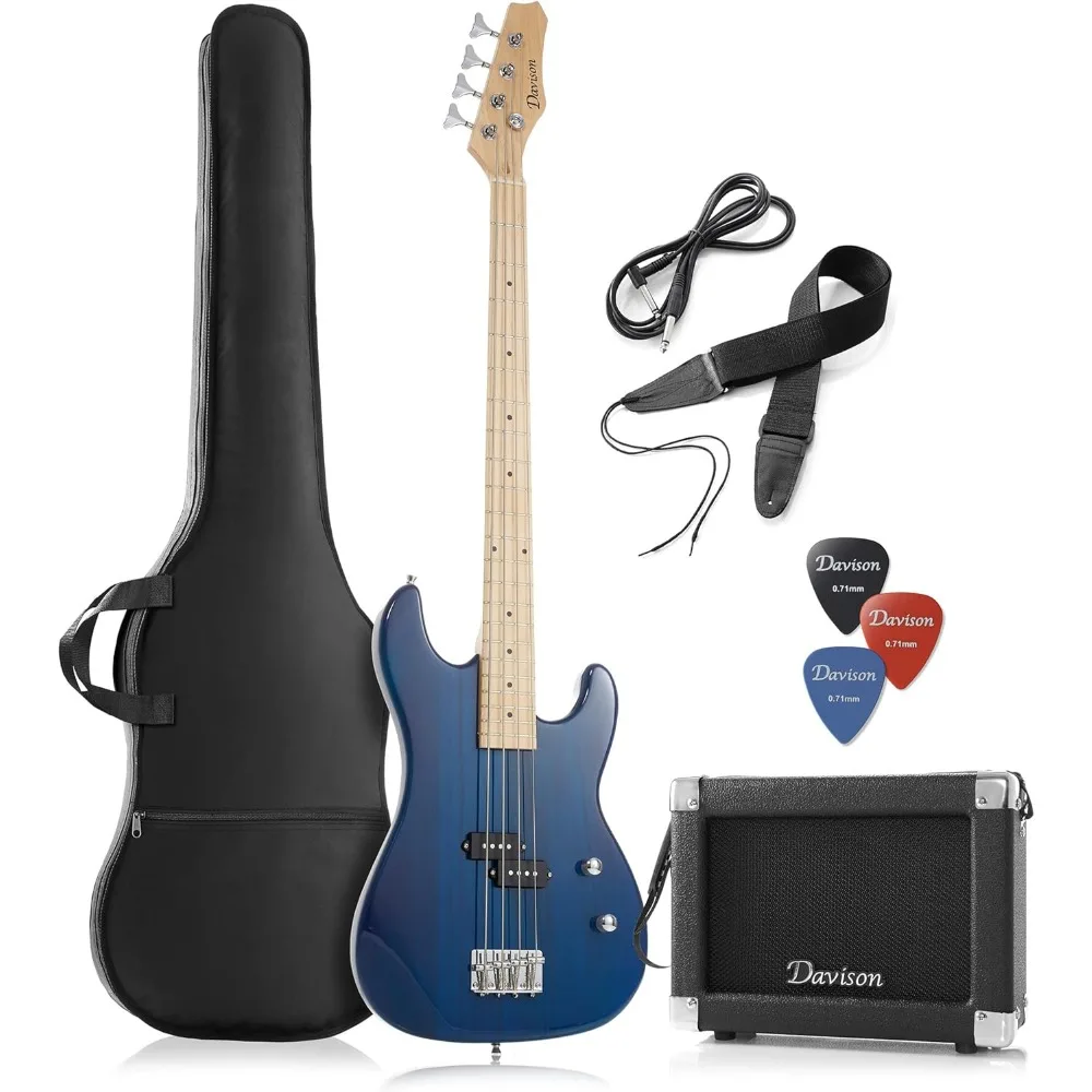 Full Size Electric Bass Guitar with 15 Watt Amp, Blue  4 String Right Handed Beginner Kit with Gig Bag and Accessories