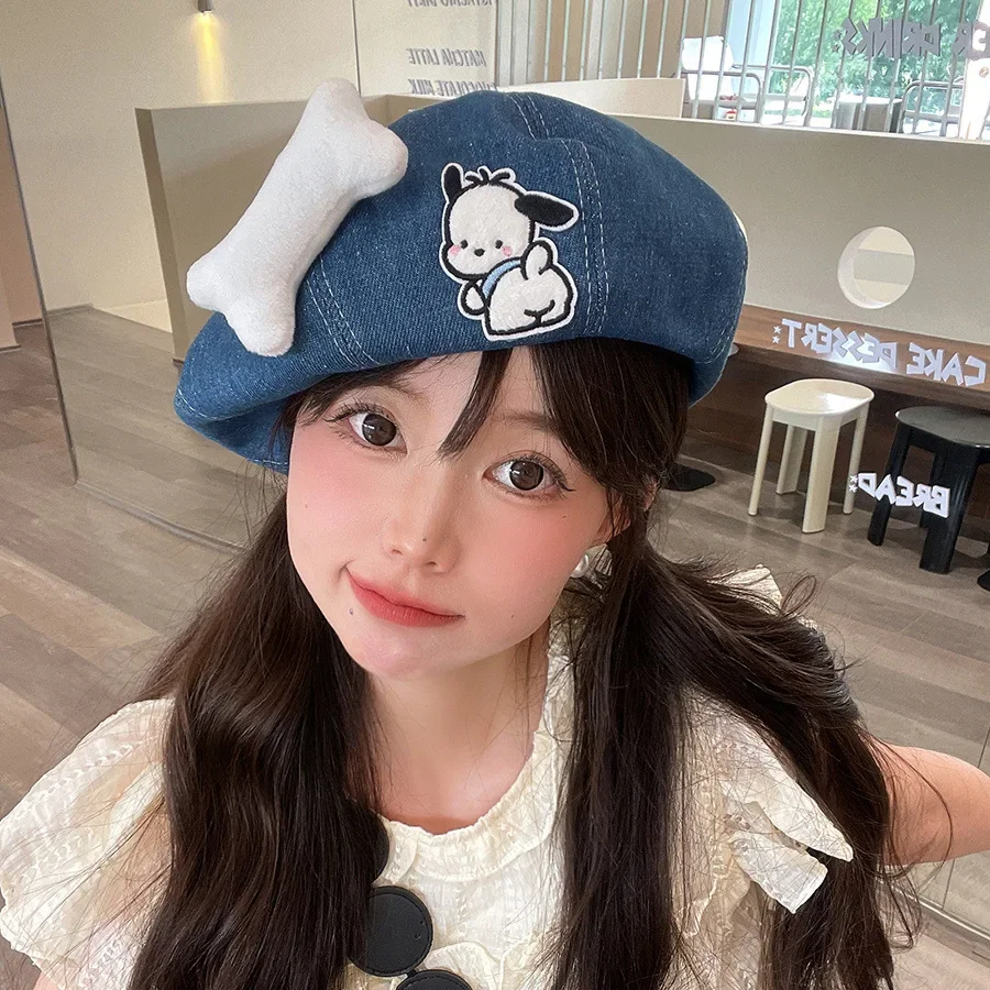 

Kawaii Sanrio Pochacco Cowboy Beret Girl Cute Cartoon Artistic Painter Hat High Beauty Woman Outdoor Travel Hat Holiday Gift