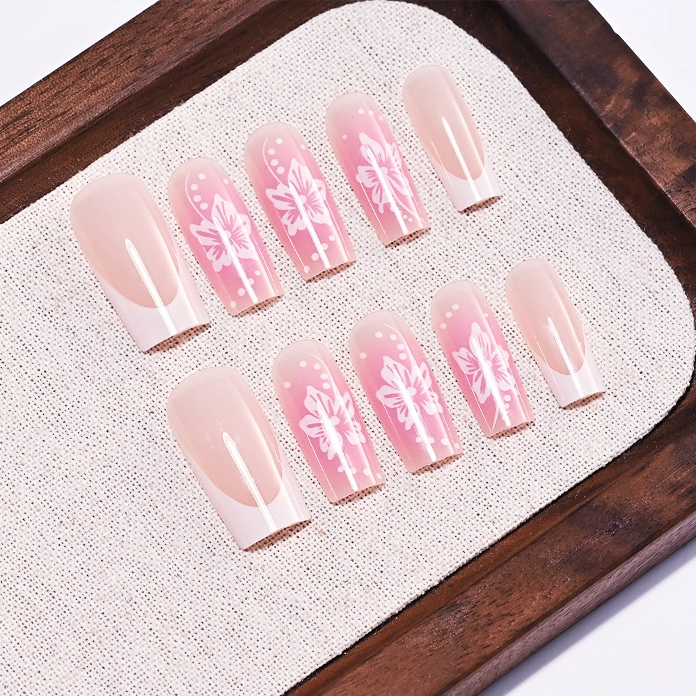 24 قطعة متوسطة زهرة طباعة الفرنسية وهمية مسمار فتاة استحى الوردي الباليه أظافر صناعية تلميح لتقوم بها بنفسك وصلات لإطالة الأظافر الاكريليك اضغط على الأظافر تلميح # #
