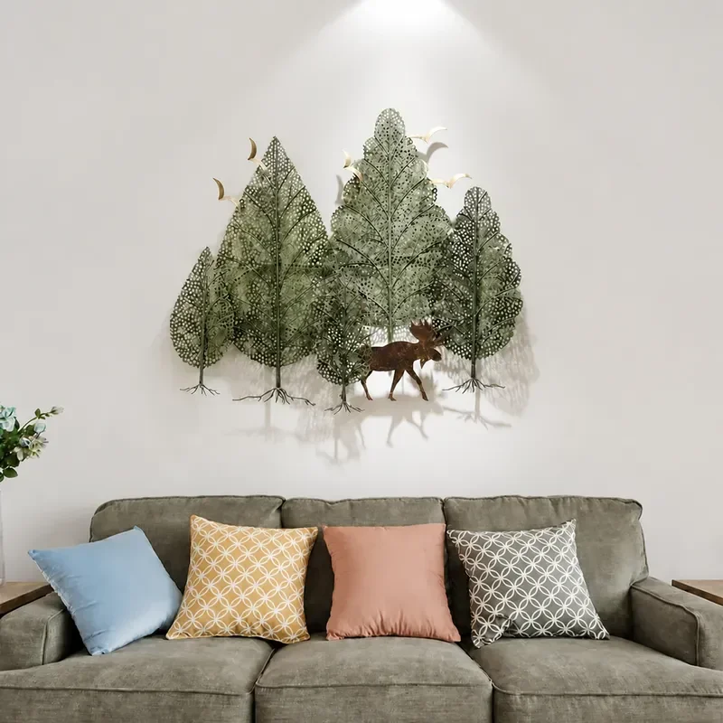 Creative 3D Wrought Iron Green Plant Wall Art Pendant Hanging Ornament For Living Room Restaurant Door Home Decoration