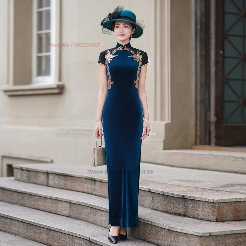

2025 chinese vintage dress velvet cheongsam traditional flower sequin folk dress oriental retro banquet evening dress vestido