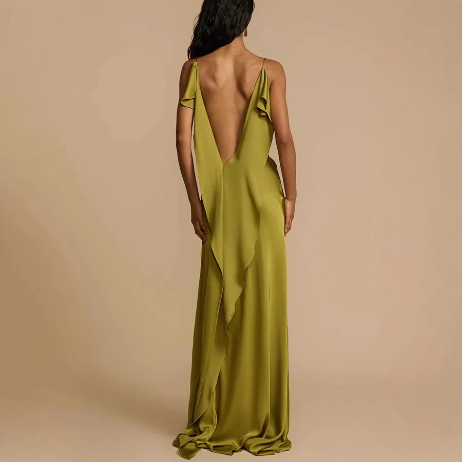 Summer Casual Dresses Elegant Ladies Green Sexy Deep Backless Women Slim Party Dress Sleeveless Vintage Solid Maxi Dress Vestido