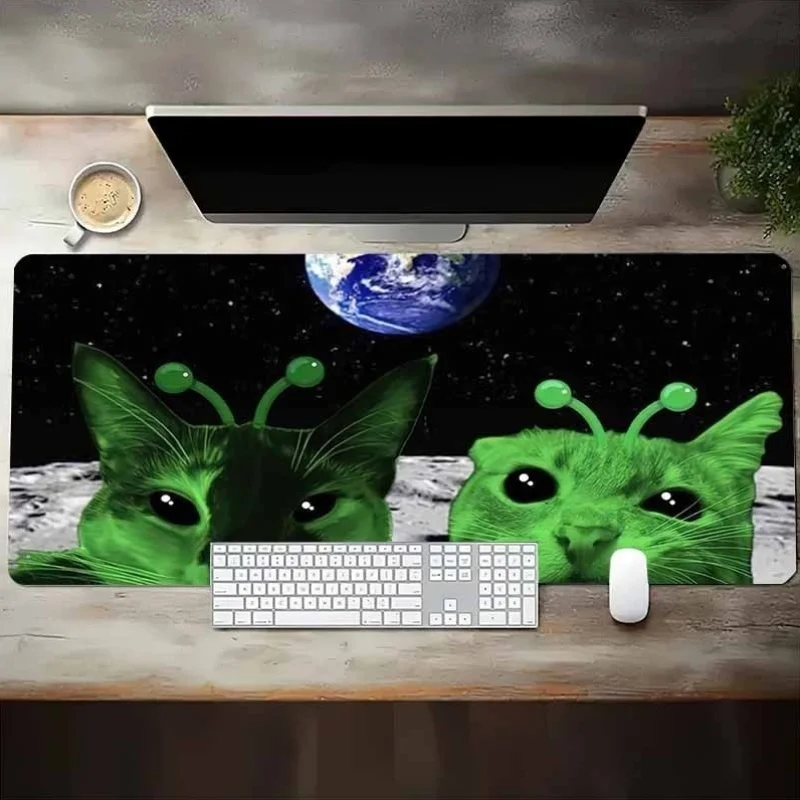Funny Green Alien Cat Starry Sky Large Desk Mat, Anti-slip Rubber Mousepad for Gaming Room Office PC Keyboard Workstation Decor