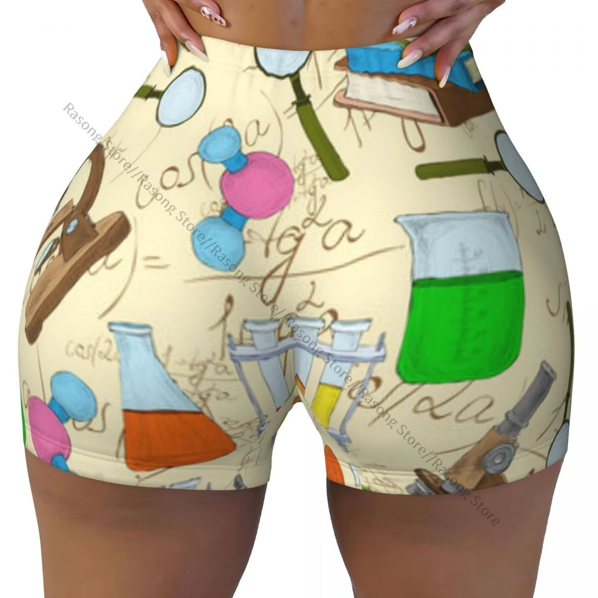 女性用ヨガショーツ カラフルなスケッチブック 顕微鏡の図面 クリーミーバック スクランチ戦利品 バットリフティング コンフォート フィットネス ジム