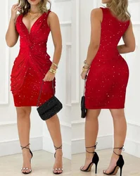 Evening Dresses Red Glitter Twist Design Plunging Neck Party Bodycon Sexy Party V-neck Elegant Dresses for Women